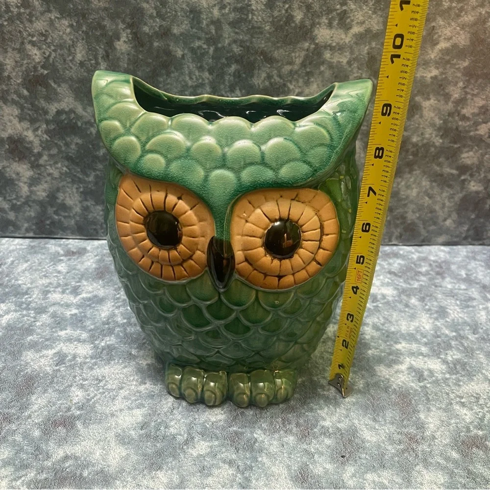 Ceramic Owl Planter Vase Green Glazed Big eyes